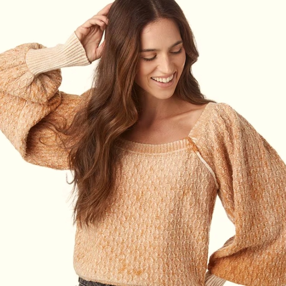 Free People Olivia Pullover Sweater Crop Balloon Sleeve size XL in Light Camel